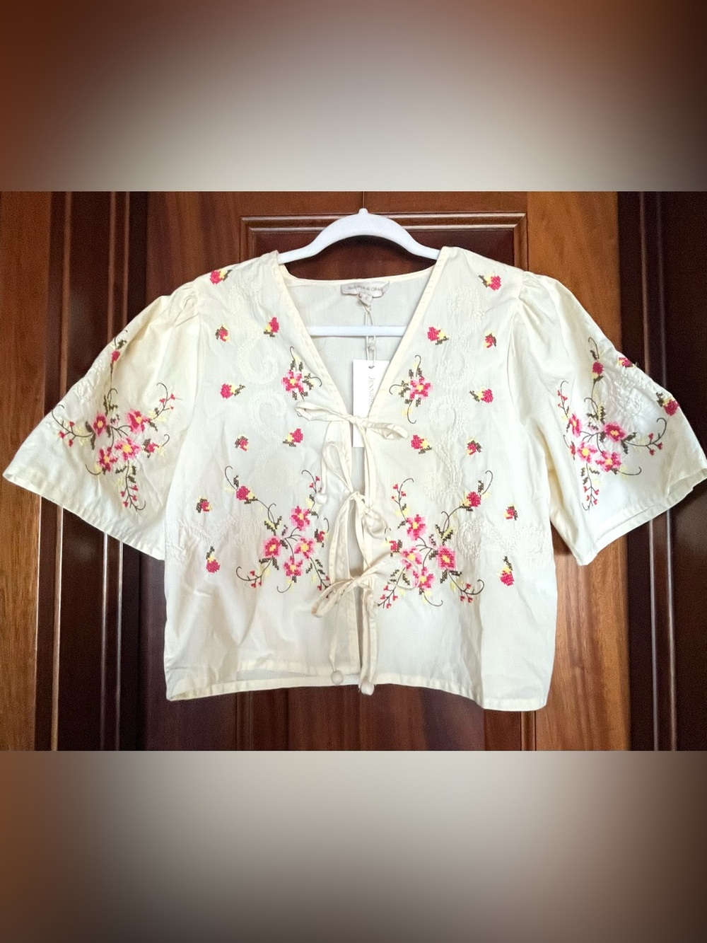 Jennifer & Grace Zelia Tie Front Top  Embroidered Cross Stitch Flowers S (Sezane